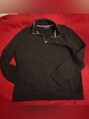 Tommy Hilfiger Black Quarter-Zip Pullover with Red/White Trim